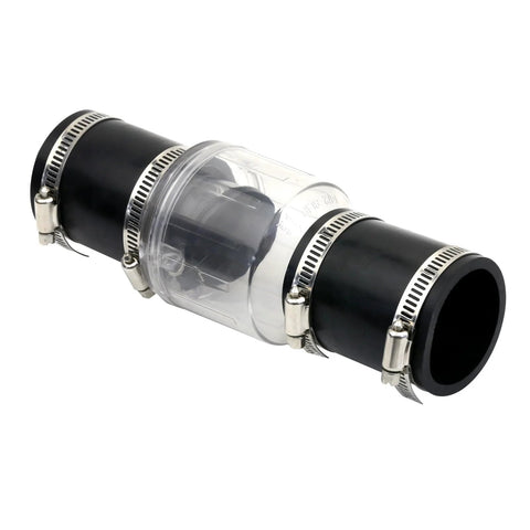 Side view of a 1-1/2 inch sump pump check valve with clear chamber, black end fittings, stainless hose clamps
