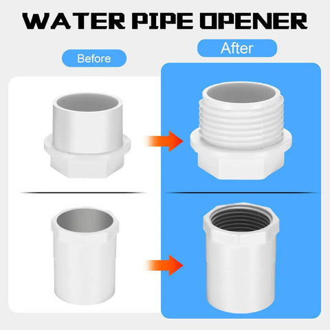 Image showing before and after effects using Integrated Internal And External Pipe Threading And Reaming Tool Kit For PVC Pipes