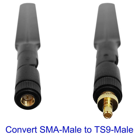 Twin Pack SMA Female to TS9 Male Antenna Adapter for 4G LTE and WiFi Gear close-up showing gold-plated connectors.
