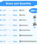 Wood Screws Assortment Kit 220 Pcs 304 Stainless Steel Phillips Flat Head Wood Screws Set Seven Sizes From Two Inches To Half Inch Durable DIY Grade Screws Pack For Cabinets Decks And Woodworking sizes chart