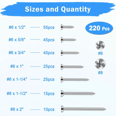 Wood Screws Assortment Kit 220 Pcs 304 Stainless Steel Phillips Flat Head Wood Screws Set Seven Sizes From Two Inches To Half Inch Durable DIY Grade Screws Pack For Cabinets Decks And Woodworking sizes chart