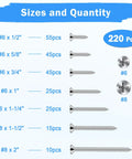 Ultimate Wood Screws Assortment Kit 220 Pcs 304 Stainless Steel Phillips Flat Head Screws with 7 Sizes and Quantities Chart