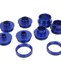 Rock Solid 10 Piece Router Template Guide Bushing Kit With 8 Precision Aluminum Bushings And Heavy Duty Lock Nuts, showing blue aluminum bushings.