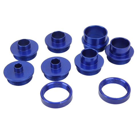 Rock Solid 10 Piece Router Template Guide Bushing Kit With 8 Precision Aluminum Bushings And Heavy Duty Lock Nuts, showing blue aluminum bushings.
