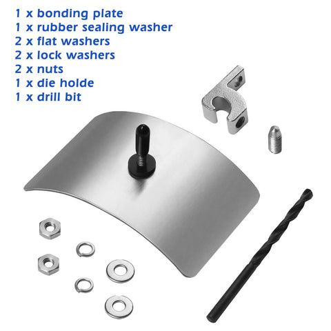 No-Fuss BWB680AG Pool Bonding Kit components including stainless bonding plate, washers, nuts, and drill bit for skimmers