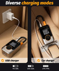 Cordless car tire inflator with dual digital screens, showing USB and car charging modes on a stylish background.
