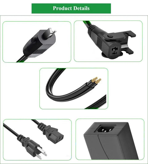 Heavy Duty Recliner Power Cord 2 Pin Adapter For Lift Chair Replacement, showing black cable details and plug connections.