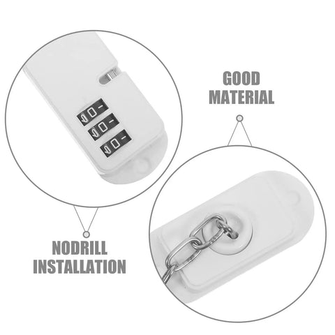 Close-up of Kidproof Fridge Lock With Adjustable Password Code, No Drilling Adhesive Mount for child safety showing lock details.