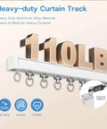 Heavy Duty Ceiling Curtain Track System With Whisper Quiet Glide For Room Dividers Aluminum Alloy Rails Ceiling Or Wall Mount White 3.3ft Track With Hooks For Sliding Curtains showing weight capacity of 110lb.