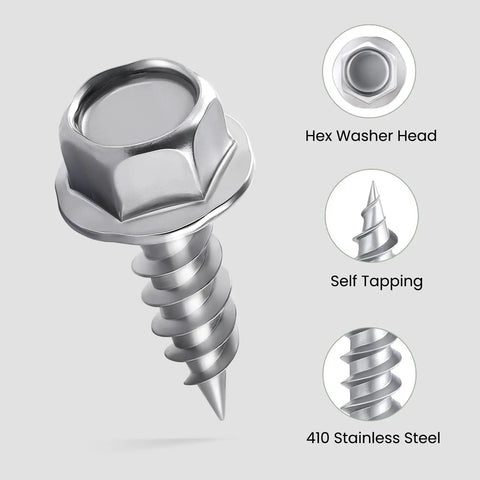 Heavy Duty Size Eight By One Half Self Tapping Gutter Screws Rock Solid Rust Resistant 410 Stainless Steel with Hex Washer Head.