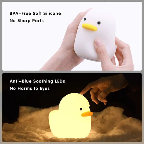 Hands holding Duck Shaped Silicone Night Light For Nursery And Kids Room Cozy Warm White 2800K LED Lamp Safe BPA Free