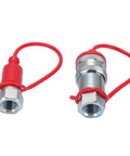 Heavy Duty Hydraulic Quick Connect Coupler One Quarter Inch Npt 4000 Psi Hardened Steel Fitting Dust Caps Included Leak Proof Secure Lock Works Well For Big Tasks Demand Real Deal Specs And Kick Ass Performance, red dust caps