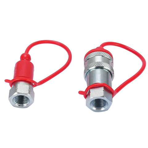 Heavy Duty Hydraulic Quick Connect Coupler One Quarter Inch Npt 4000 Psi Hardened Steel Fitting Dust Caps Included Leak Proof Secure Lock Works Well For Big Tasks Demand Real Deal Specs And Kick Ass Performance, red dust caps