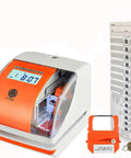 Rock Solid Digital Time Clock With Built In Date Stamper No Fuss Punch Recorder For Staff Time Cards Quickly Tracks Work Hours And Stamps Documents While Keeping The Daily Grind Moving with an orange and grey design showing the display.