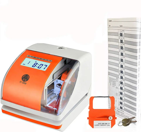 Rock Solid Digital Time Clock With Built In Date Stamper No Fuss Punch Recorder For Staff Time Cards Quickly Tracks Work Hours And Stamps Documents While Keeping The Daily Grind Moving with an orange and grey design showing the display.