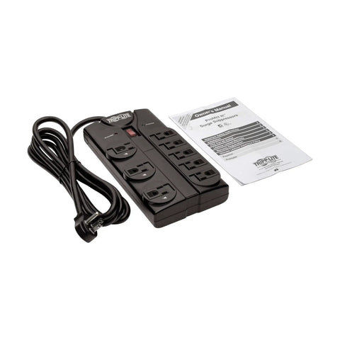 8 Outlet Flat Plug Surge Protector Power Strip With 1440 Joules UL Listed 8 Foot Cord and instruction manual on white background