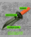 Prospector's Serrated Edge Digger Compact Shovel Trowel For Gardening And Metal Or Gold Prospecting And Detecting Includes Belt Loop Sheath With Oversized Comfort Grip And Carbon Steel Build, showing serrated blade and ergonomic handle.