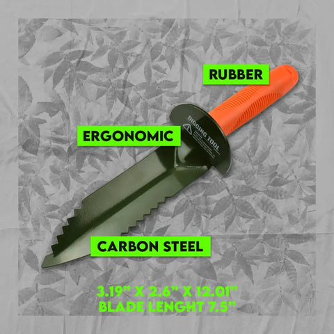 Prospector's Serrated Edge Digger Compact Shovel Trowel For Gardening And Metal Or Gold Prospecting And Detecting Includes Belt Loop Sheath With Oversized Comfort Grip And Carbon Steel Build, showing serrated blade and ergonomic handle.
