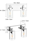 Two Light Chrome Vanity Light Fixture With Clear Glass Shades Stainless Steel Bathroom Wall Sconce dimensions view