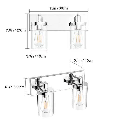 Two Light Chrome Vanity Light Fixture With Clear Glass Shades Stainless Steel Bathroom Wall Sconce dimensions view