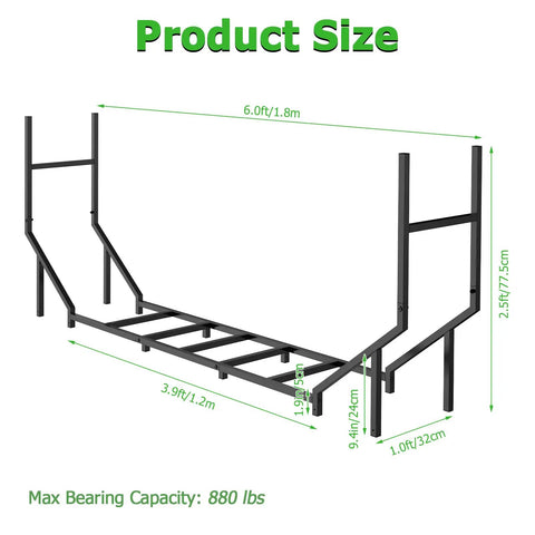 Diagram showing Heavy Duty Firewood Rack Outdoor With 880Lb Capacity 6 Ft Elevated Wood Storage On Weather Resistant Metal Frame.