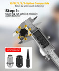Digital caliper measuring All In One Spline Lug Nut Socket Set 12 Piece With Wheel Lock Keys Universal 5 6 7 10 And 12 Spline Locking Master Keys CrMo Alloy Tire And Wheel Tools For Aftermarket Axle Nut And Wheel Lock Removal