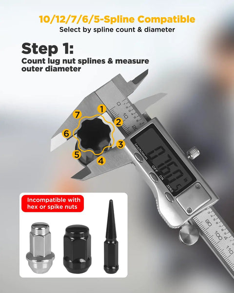 Digital caliper measuring All In One Spline Lug Nut Socket Set 12 Piece With Wheel Lock Keys Universal 5 6 7 10 And 12 Spline Locking Master Keys CrMo Alloy Tire And Wheel Tools For Aftermarket Axle Nut And Wheel Lock Removal
