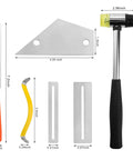 Guitar Luthier Tool Kit Pro Grade with fret crowning file, rubber hammer, and fingerboard guards, dimensions shown