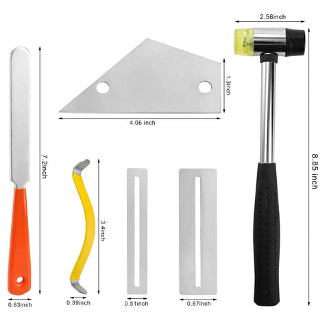 Guitar Luthier Tool Kit Pro Grade with fret crowning file, rubber hammer, and fingerboard guards, dimensions shown