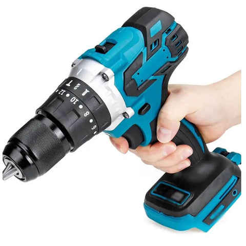 Rock Solid Badass Brushless Hammer Drill Cordless Impact Screwdriver Delivers 350Nm Torque 1500Rpm Speed Plus 13 Millimeter Keyless Chuck held in hand.
