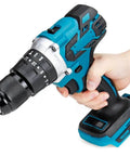 Heavy Duty Cordless Hammer Drill Fired Up With Brushless Motor And Serious 350Nm Torque Blazing 1500Rpm Speed Electric Screwdriver Built Tough For DIY Rockstars held in hand, showcasing bit holder and gear settings.