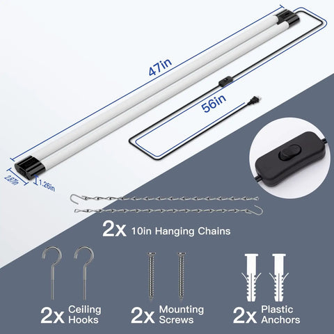Linkable 10 Pack LED Shop Lights 4 Foot, 4400 Lumens, 6500K Cool Daylight, garage lighting accessories, mounting kit with chains and screws.