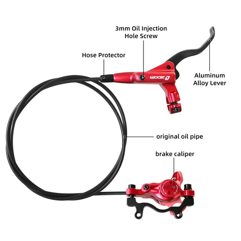 HB875 Two-Piston Hydraulic Disc Brake Set with red aluminum alloy lever, black 1450mm line, and brake caliper for mountain bikes