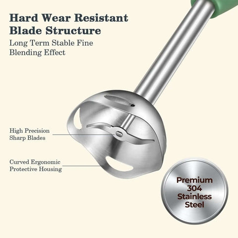 800W Immersion Hand Blender With Stainless Steel Blades showing high precision sharp blades and ergonomic protective housing.