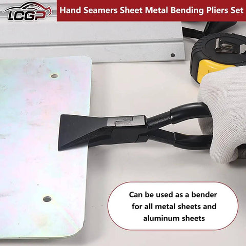 Three Piece Handy Hand Seamer Set With Non Slip Grip For Sheet Metal Edge Bending And Sealing in use on metal sheet