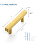 Gold Brushed Brass Square Cabinet Pulls 2-1/2 Inch Center-to-Center, 4 Inch Overall Length, measurement diagram with screws