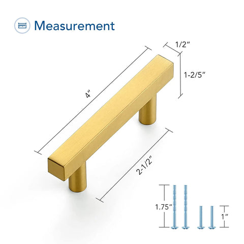 Gold Brushed Brass Square Cabinet Pulls 2-1/2 Inch Center-to-Center, 4 Inch Overall Length, measurement diagram with screws