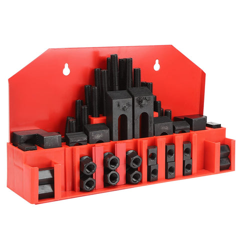 58 Pcs T Slot Clamp Kit For Lathe And Milling Machines displayed in red storage box with hardened steel press plates and studs