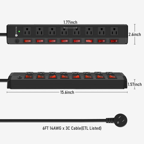 Heavy Duty 8 Outlet Power Strip With Individual Switches, 1200 Joules Surge Protection, 6 Foot Cord, Black, Wide Spaced Plugs, Dope for Home Office, Entertainment Setup, and Multi Device Charging, black 8-outlet power strip with 6 ft cord