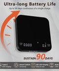 Ultra Precise Coffee Scale With Auto Timing And Rechargeable Battery featuring HD LED display, emphasizing 90-day battery life.
