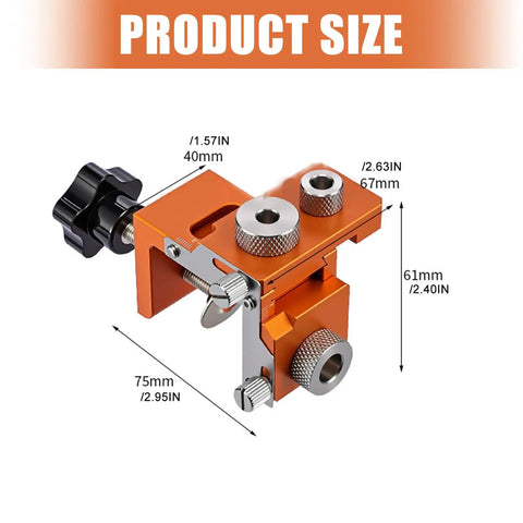 Product size diagram of 3 In 1 Wood Joinery Drill Jig Set Adjustable Hole Locator Puncher with dimensions for easy reference.