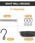 Components of Hanging Bird Bath And Feeder Tray including chain, hook, snap, and ABS plate for easy installation.