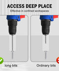 Comparison of long drill bit vs ordinary bit showing Tamper-Proof T25 Torx Bit Set With Case, 10-Piece Security Star Bits in use.