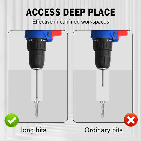 Comparison of long drill bit vs ordinary bit showing Tamper-Proof T25 Torx Bit Set With Case, 10-Piece Security Star Bits in use.