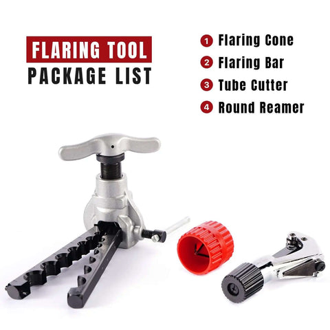 Flaring cone and bar, tube cutter, round reamer from Seven Die Flaring Tool Set For HVAC Tubing Copper Aluminum Brass Flares At Forty Five Degrees