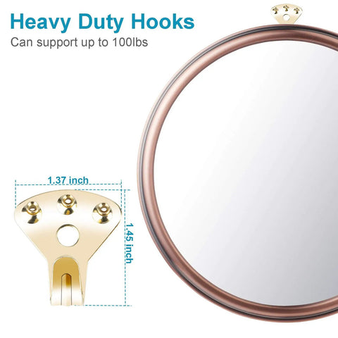 Solid As A Rock 10 Piece Heavy Duty Picture Hangers And Frame Hooks Supporting Up To 100 Pounds for mirror with gold hook details.