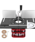 Four Jaw Clamping Router Lift System With 51mm Stroke And Precise 1mm Increments Base Plate Fit For 64 To 66mm Motors Engraving Slotting Chamfering And Table Saw Insert Setup For Pro Grade Woodworking Upgrades, black aluminum base with red clamp