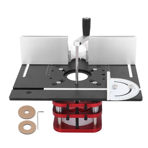Universal Router Table Insert Plate With 51 Mm Stroke Lift Kit And Crank Handle Fits 64 To 66 Mm Motors showing black and red aluminum construction and crank.