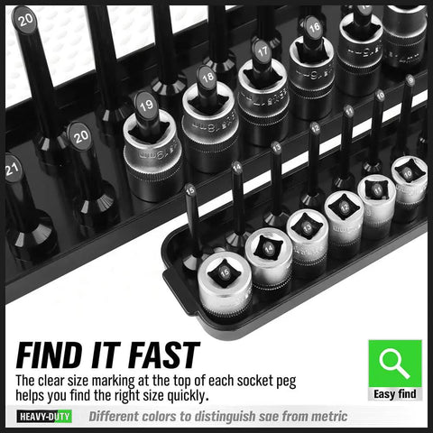 6-Piece Socket Organizer Tray for SAE and Metric Sockets, 1/4, 3/8, and 1/2 Inch Drive, with labeled size posts for quick access
