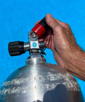 Hand securing ergonomic scuba tank valve cap set two pack with pull tab, textured grip, no slip for wet fingers, fits most valves.
